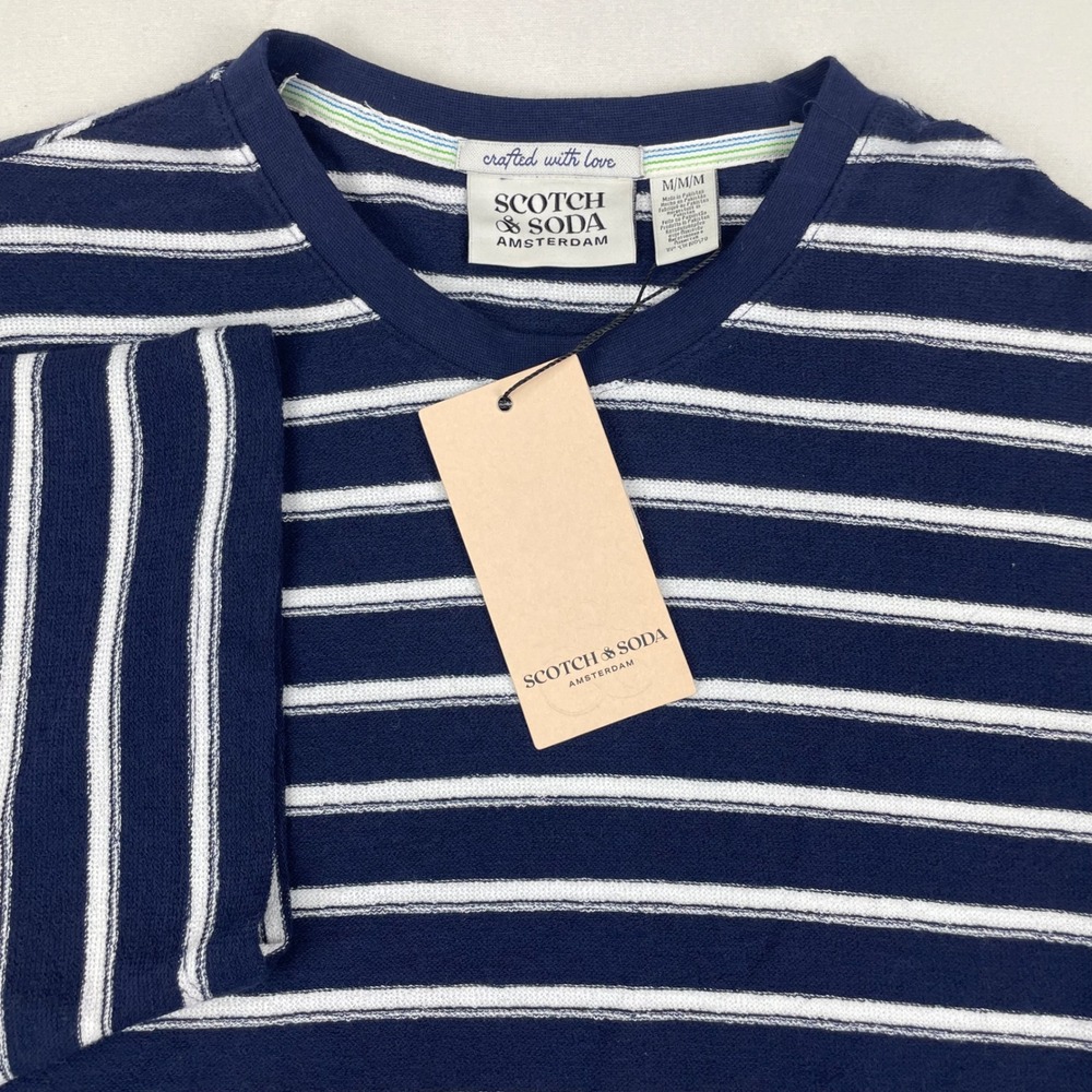 Scotch & Soda Mens Textured Stripe Tee Maritime Blue White SSP25VMT-15909 NWT M